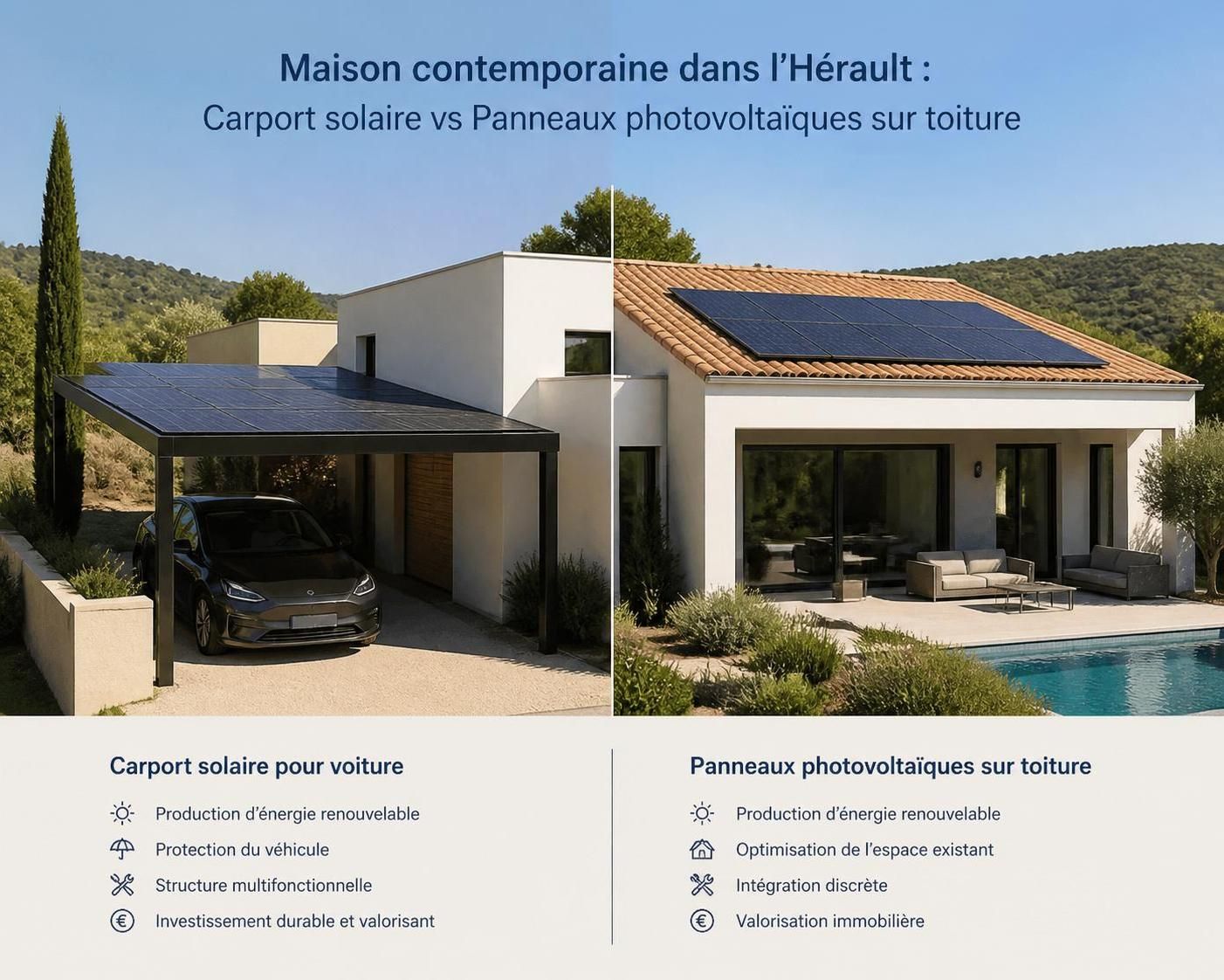 découvrez comment choisir entre un carport solaire et des panneaux photovoltaïques sur toiture dans l'hérault pour optimiser votre installation solaire et maximiser votre production d'énergie renouvelable.